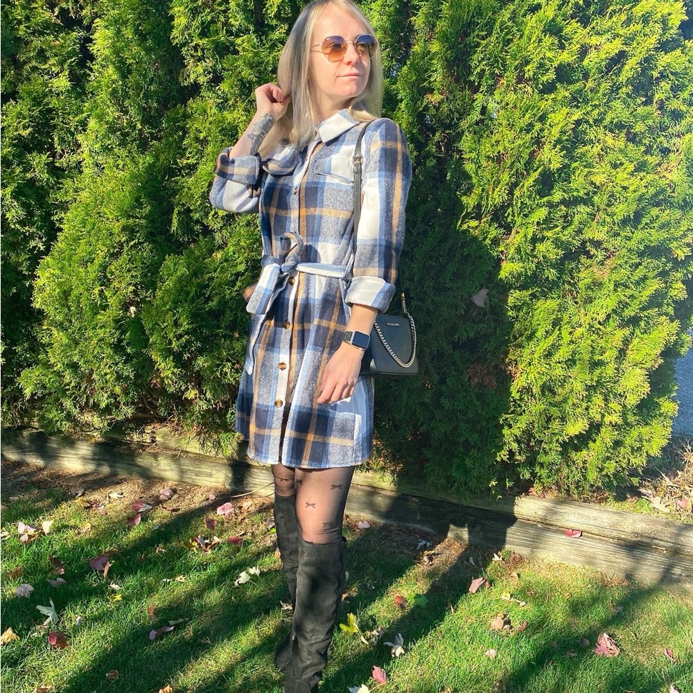 Plaid Button-Up Belted Dress